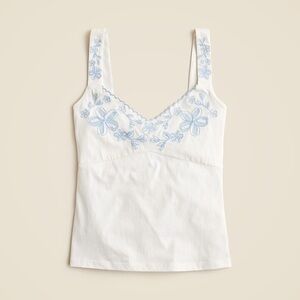 J. Crew Cream Top with Blue Embroidery